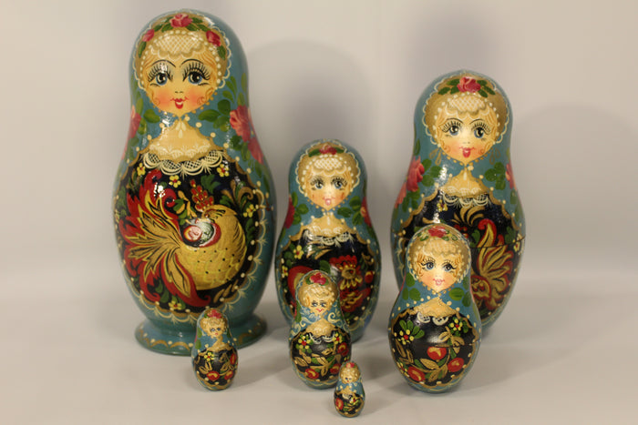 Blue Nesting dolls,  Signed set of 7 Matryoshka