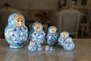 Set of 10 Small Blue Matryoshka Dolls
