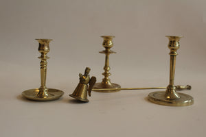 Set of 3 Candlestick holders and Brass Snuffer