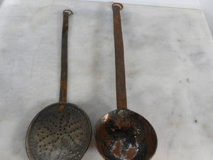 Old Handmade Copper Skimmer and Ladle with Handforged Iron Handle.