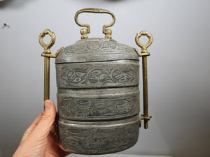 Old Hand Wrought Copper Tinned Stacking Bowls Lunch/Tiffin Box