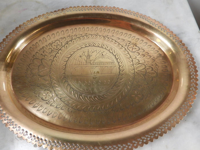 Vintage Hand-Engraved Brass Oval Tray with Scalloped Edge