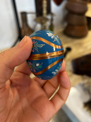 Set of 3 Vintage 1980s Hand Painted Solid Copper Egg Figurines, Blue Floral Enamel Solid Copper Easter Eggs, Handcrafted Tabletop Decor