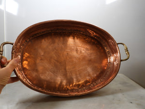"Solid copper roasting tray featuring handcrafted hammered texture, dovetail joint craftsmanship, and dual brass side handles