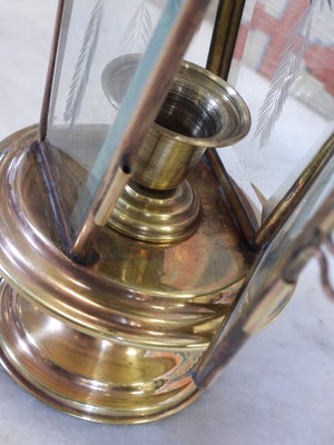 Vintage Turkish Brass Lantern Hanging Shepherd Candle Holder  Etched Glass