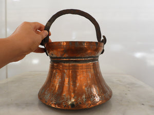 Antique Copper Vessel with Armenian Inscription, Hand Hammered Copper Cauldron Bucket with Forged Iron Handle