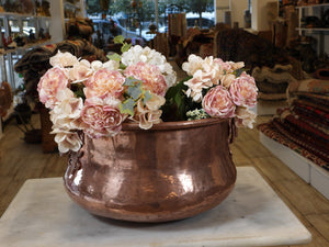 Hand Hammered Round Copper Cauldron Pot Planter with Copper Handles