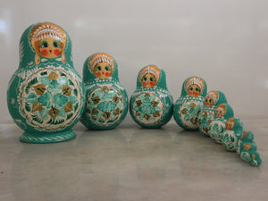 Vintage 1995 Signed Russian Matryoshka Dolls - Set of 10 Hand-Painted Green Nesting Dolls