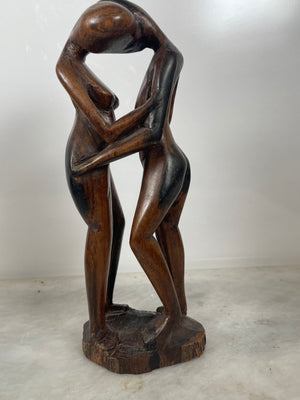 Vintage Handcarved Wooden Ebony Kissing Couple Statue