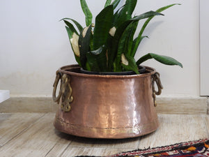 Hand-Hammered Copper Cauldron Pot, Large Vintage Copper Planter with Brass Handles