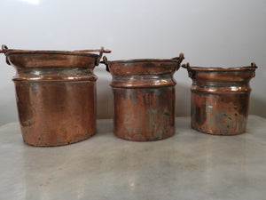 Set of 3 Vintage Copper Buckets from 1970s with Brass Handles, Tin Lined Turkish Copper Pails, Nesting Copper Planter