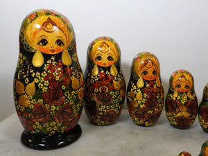 Vintage 1990s Signed Sergiyev Posad Russian Matryoshka Set of 10, Large 9.5" Hand Painted Gold Leaf Nesting Dolls, Fine Folk Art