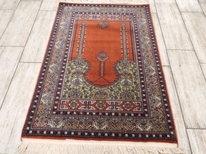 Small Wool Area Rug 80x125 cm, Traditional Turkish Machine Woven Rug, Bohemian Accent Rug, Orange & Green Prayer Rug, Vintage Style Small Carpet