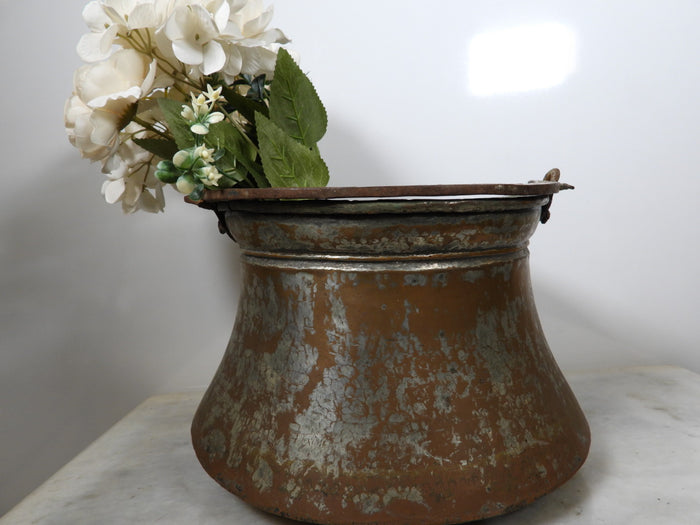 Old Hand Hammered Copper Bucket with Iron Handle