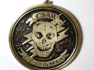 ⁠Vintage solid brass military wall plaque with 10th Special Forces Group CSAR skull insignia⁠