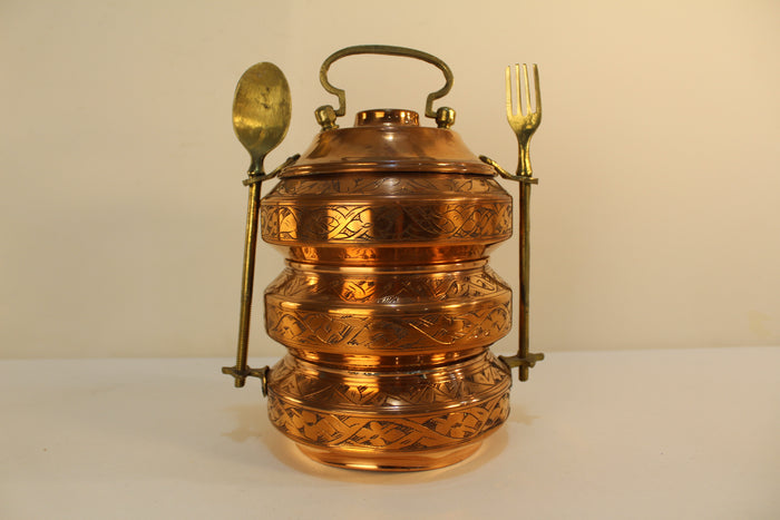 Turkish Stacking Copper Lunch Pail with Brass Fork and Spoon