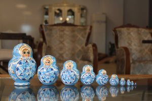 Set of 10 Small Blue Matryoshka Dolls