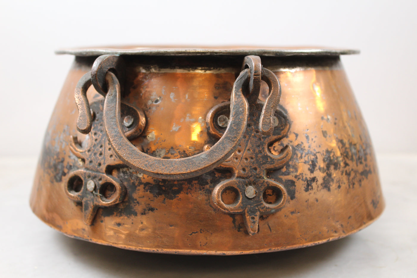 Antique Large Hand Hammered Copper Cauldron with Bronze Handles
