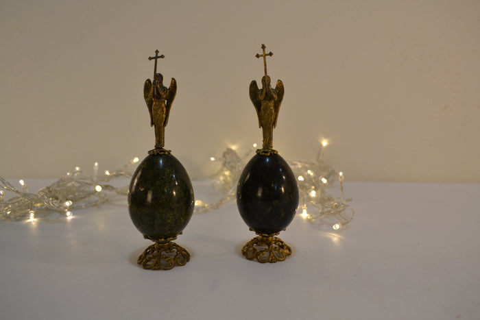 Vintage Marble Eggs on Brass Filigree Stand Topped with Brass Angel Holding Cross