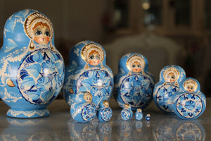 Set of 10 Small Blue Matryoshka Dolls